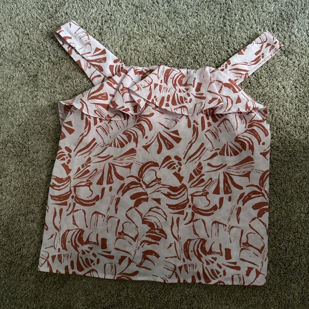 Pink and Brown Floral Blouse with Ruffled Neckline worn once- classy